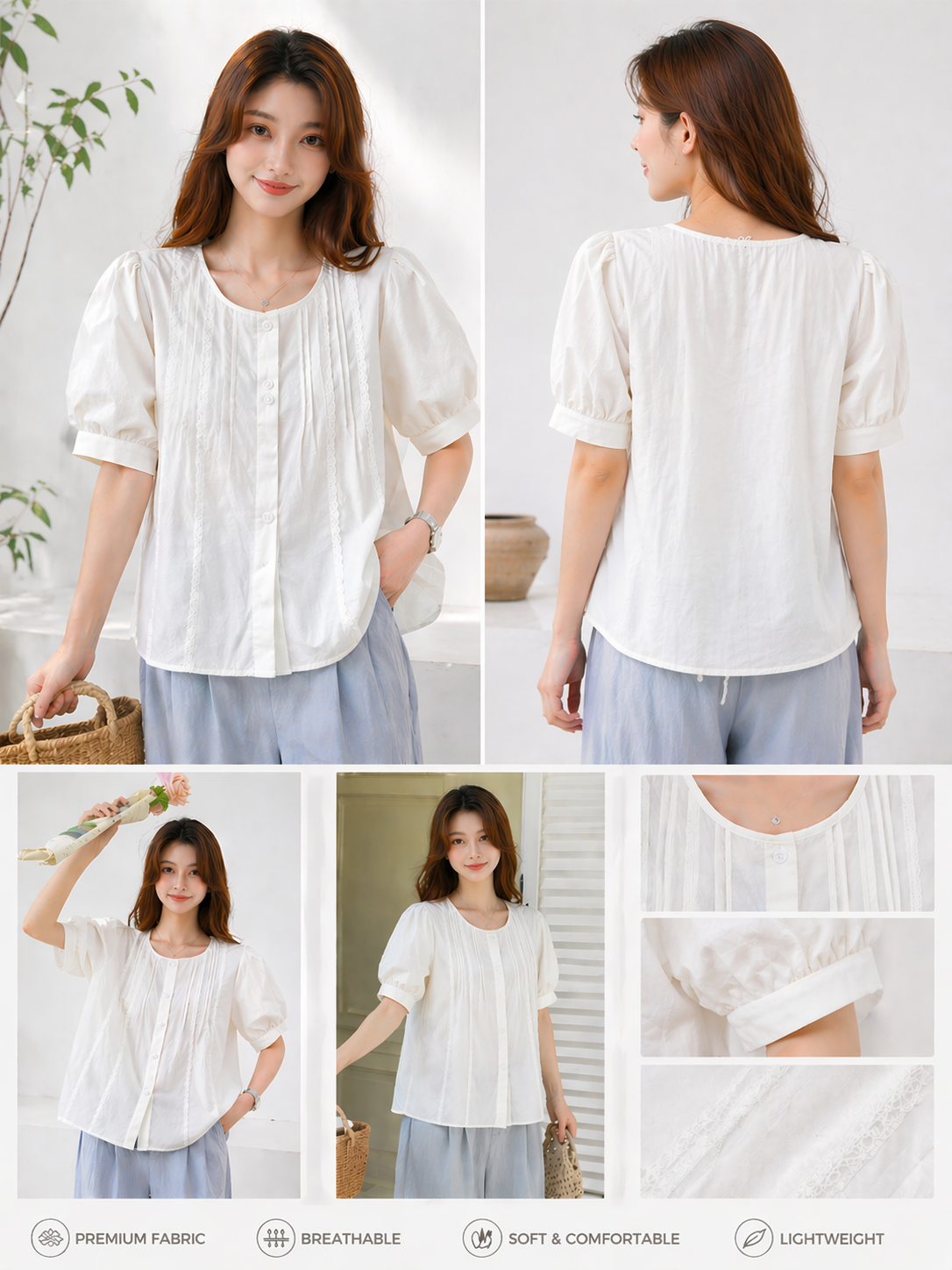 Cotton puff sleeve top, colour: White,